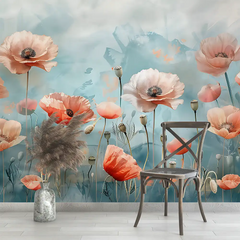 Coral Poppy Flower Wallpaper – Bold Peel-and-Stick Floral Accent Wall Design