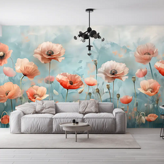 Coral Poppy Flower Wallpaper – Bold Peel-and-Stick Floral Accent Wall Design