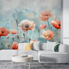 Coral Poppy Flower Wallpaper – Bold Peel-and-Stick Floral Accent Wall Design
