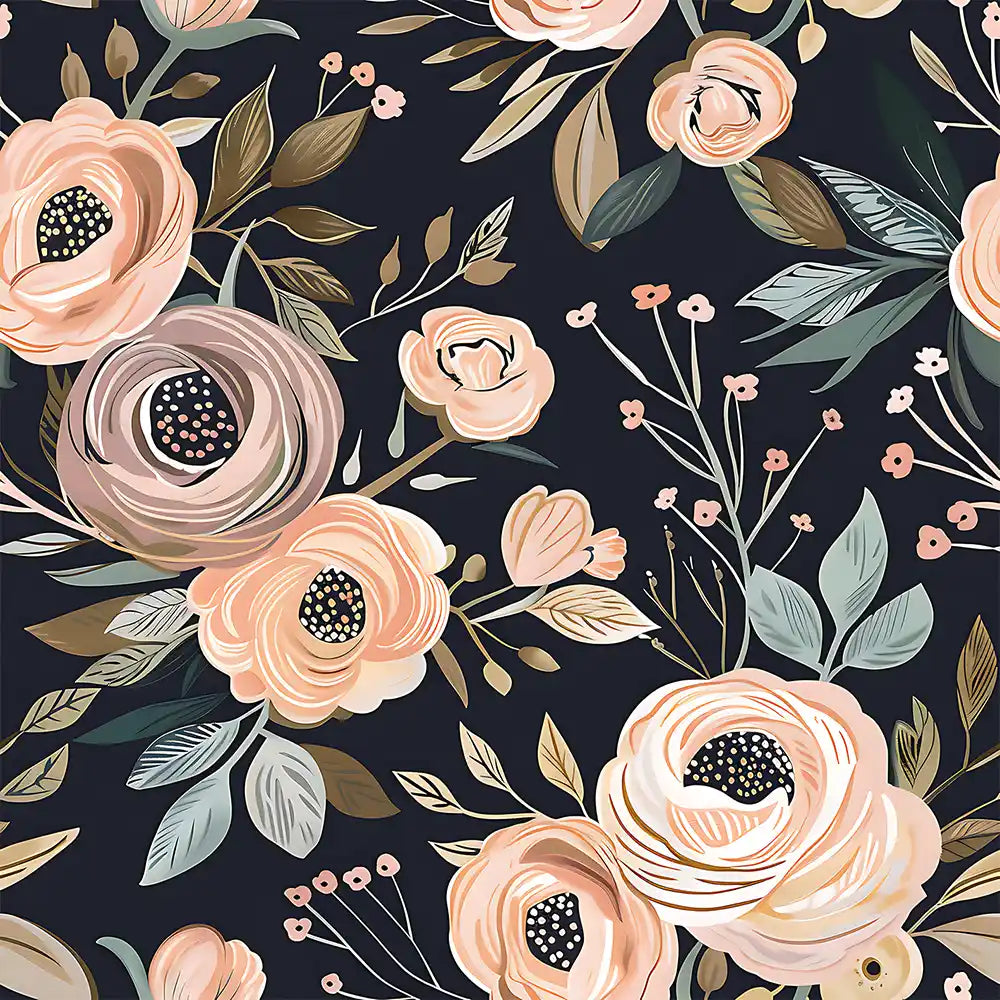 Black midnight romantic blush floral peel-and-stick wallpaper for bedroom accent wall