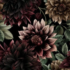 Burgundy black bold dark dahlia floral peel-and-stick accent wallpaper for bedroom wall