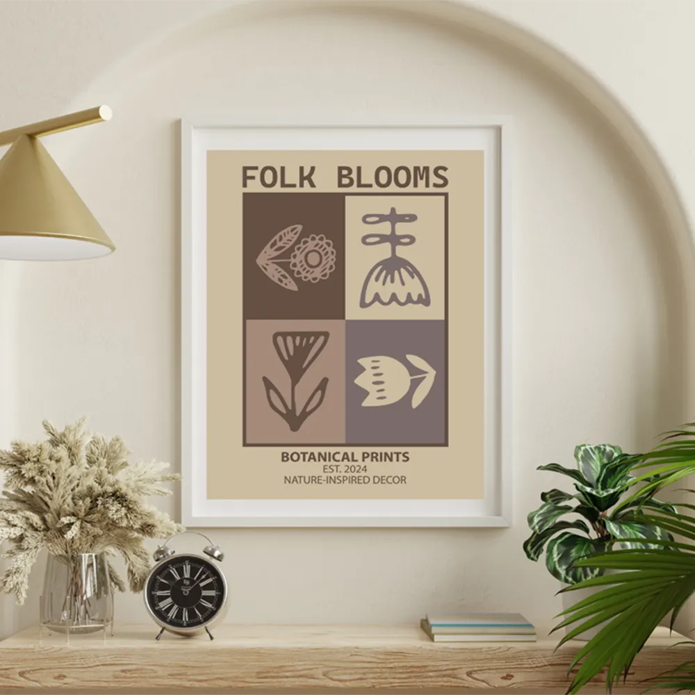Beautiful neutral folk botanical minimalist art poster sticker enhances interior style.