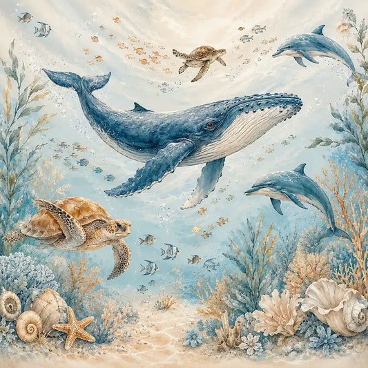Colorful ocean animals nursery wall mural, peel-and-stick removable wallpaper for kids' rooms