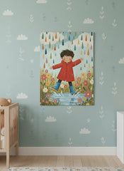 Happy Boy in Red Raincoat Splashing in Puddles Poster – Kids Room Wall Art