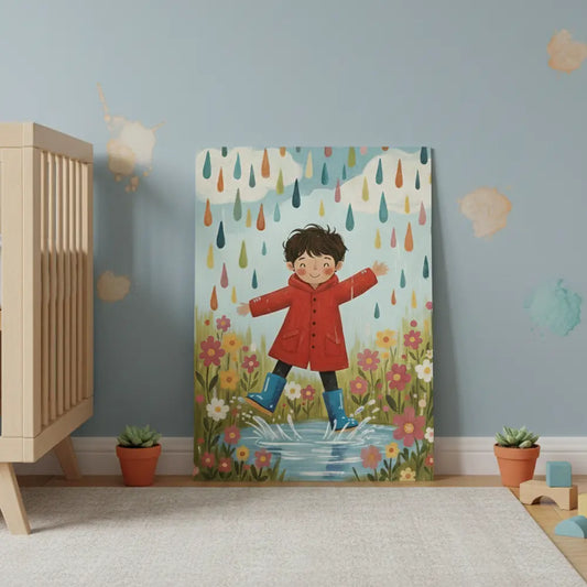 Happy Boy in Red Raincoat Splashing in Puddles Poster – Kids Room Wall Art