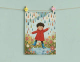 Happy Boy in Red Raincoat Splashing in Puddles Poster – Kids Room Wall Art