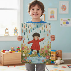 Happy Boy in Red Raincoat Splashing in Puddles Poster – Kids Room Wall Art