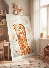 Sweet Girl and Giraffe Hug Boho Poster – Nursery Kids Room Wall Art