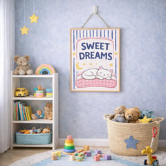 Sweet Dreams Sleeping Cat Kids Poster – Nursery Bedroom Wall Art