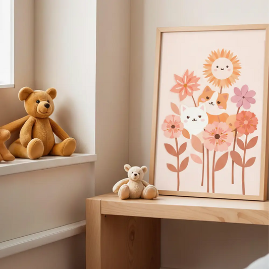 Boho Kitten Sunshine and Rainbow Kids Art Set – Nursery Bedroom Wall Art