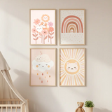 Boho Kitten Sunshine and Rainbow Kids Art Set – Nursery Bedroom Wall Art