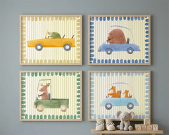 Cute Animals Driving Cars Nursery Posters – Kids Room Wall Art Set