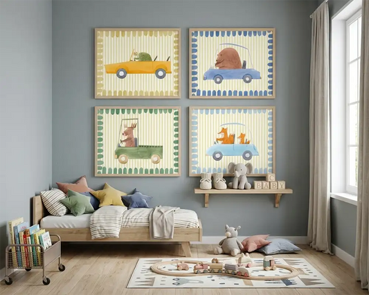 Cute Animals Driving Cars Nursery Posters – Kids Room Wall Art Set