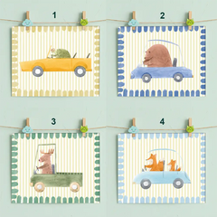Cute Animals Driving Cars Nursery Posters – Kids Room Wall Art Set