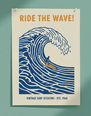 Blue Wave Surf Art Poster – Coastal Bedroom Living Room Wall Art