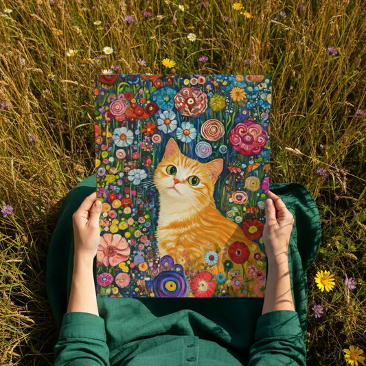 Whimsical Ginger Cat Floral Garden Art Poster – Bedroom Living Room Wall Art
