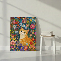 Whimsical Ginger Cat Floral Garden Art Poster