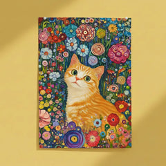 Whimsical Ginger Cat Floral Garden Art Poster
