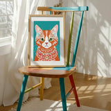 Bohemian Orange Tabby Cat Art Poster – Illustrated Bedroom Living Room Wall Art