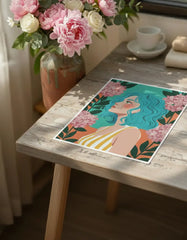 Modern Floral Female Portrait Poster – Illustrated Bedroom Living Room Wall Art