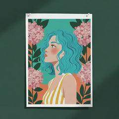 Modern Floral Female Portrait Poster – Illustrated Bedroom Living Room Wall Art