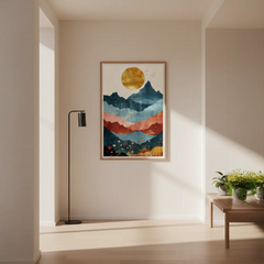 Golden Sun over Abstract Mountain Range Poster – Bedroom Living Room Wall Art