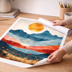 Golden Sun over Abstract Mountain Range Poster – Bedroom Living Room Wall Art