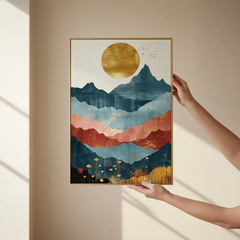 Golden Sun over Abstract Mountain Range Poster – Bedroom Living Room Wall Art