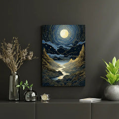 Celestial Moonlight River over Golden Mountains Poster – Bedroom Living Room Wall Art