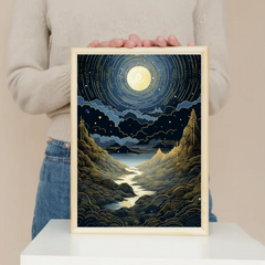 Celestial Moonlight River over Golden Mountains Poster – Bedroom Living Room Wall Art