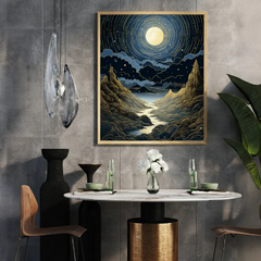 Celestial Moonlight River over Golden Mountains Poster – Bedroom Living Room Wall Art