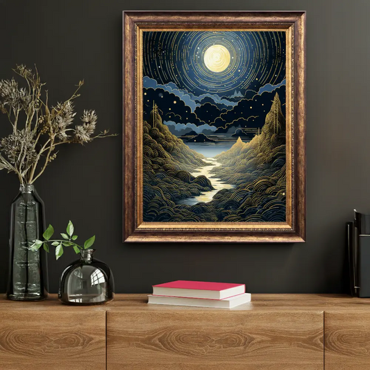 Celestial Moonlight River over Golden Mountains Poster