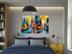 Vibrant Geometric City and Nature Art Poster – Modern Bedroom Living Room Wall Art