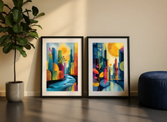 Vibrant Geometric City and Nature Art Poster – Modern Bedroom Living Room Wall Art