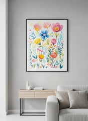 Vibrant Wildflower Garden Watercolor Art Print – Bedroom Living Room Wall Art
