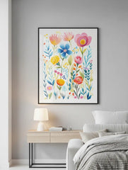 Vibrant Wildflower Garden Watercolor Art Print – Bedroom Living Room Wall Art
