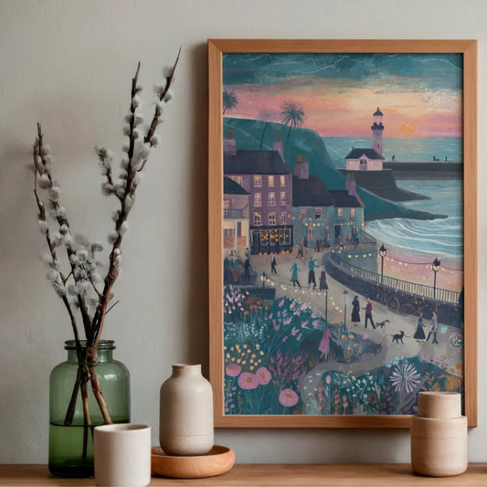 Coastal Village Scenery Illustration Poster