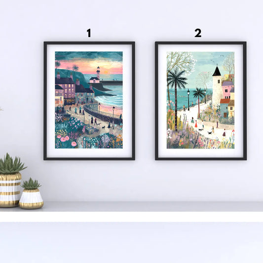 Coastal Village Scenery Illustration Poster