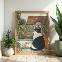 Country Garden Cats Illustration Poster – Botanical Bedroom Living Room Wall Art