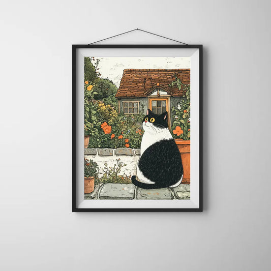 Country Garden Cats Illustration Poster – Botanical Bedroom Living Room Wall Art