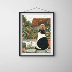 Country Garden Cats Illustration Poster – Botanical Bedroom Living Room Wall Art