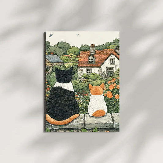Country Garden Cats Illustration Poster – Botanical Bedroom Living Room Wall Art