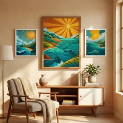 Stylized Coastal Sunset Ocean Wave Poster Set – Bedroom Living Room Wall Art