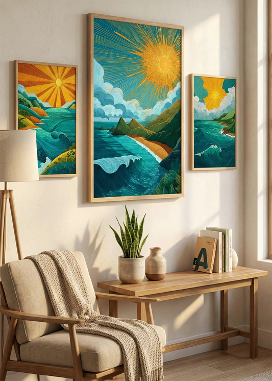 Stylized Coastal Sunset Ocean Wave Poster Set