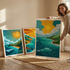 Stylized Coastal Sunset Ocean Wave Poster Set – Bedroom Living Room Wall Art