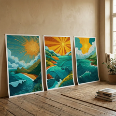 Stylized Coastal Sunset Ocean Wave Poster Set – Bedroom Living Room Wall Art