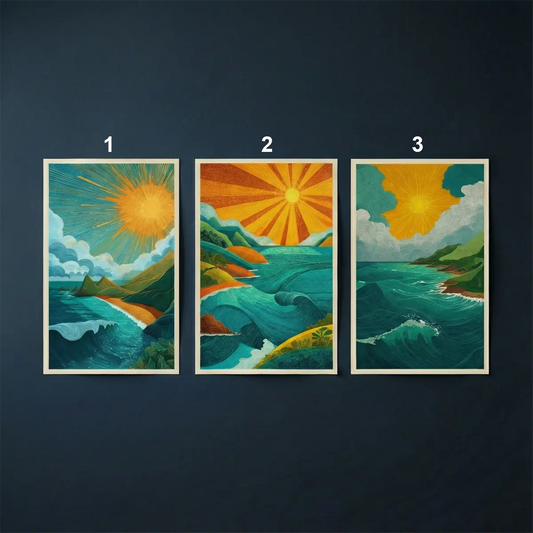 Stylized Coastal Sunset Ocean Wave Poster Set