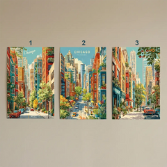 Chicago City Street Life Illustration Poster Set – Bedroom Living Room Wall Art
