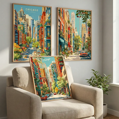 Chicago City Street Life Illustration Poster Set – Bedroom Living Room Wall Art