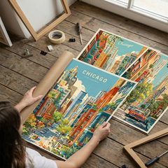 Chicago City Street Life Illustration Poster Set – Bedroom Living Room Wall Art